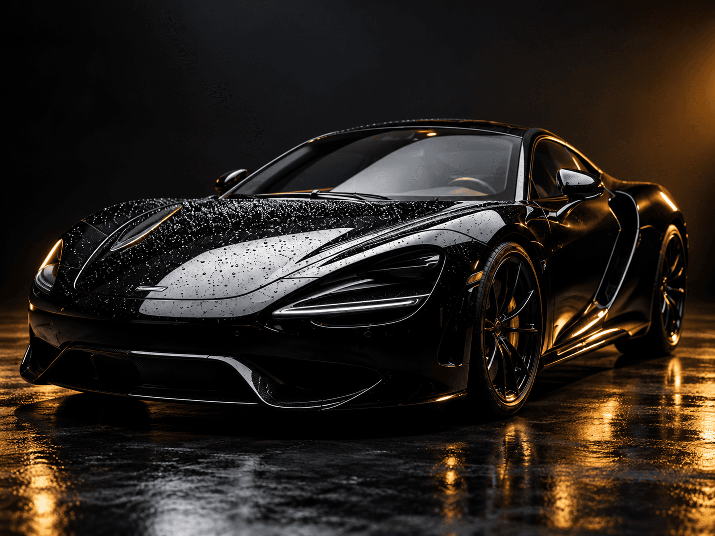 Demonstration artwork of a black supercar with water on the paint
