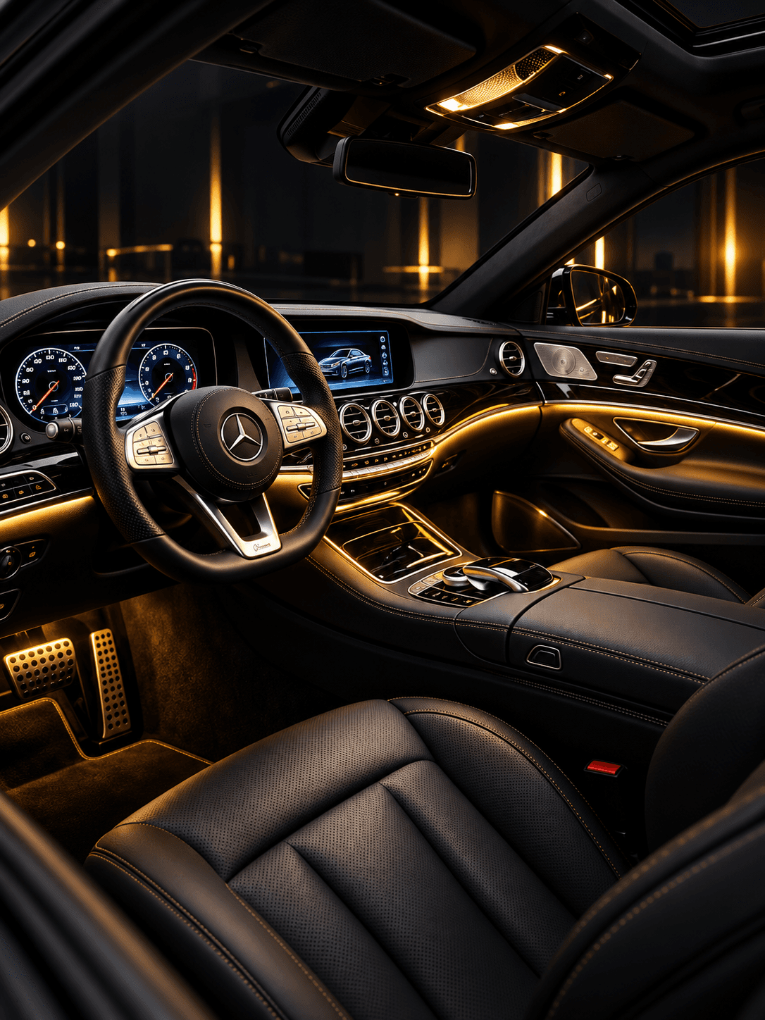 Demonstration artwork of a black luxury sedan interior with gold ambient light