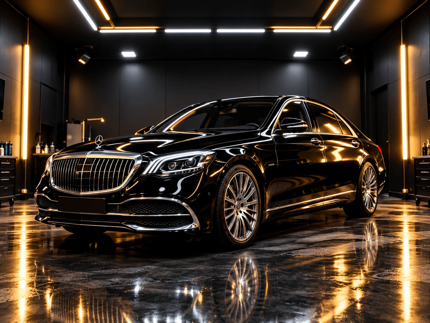 Demonstration artwork of a black luxury sedan in a detailing studio